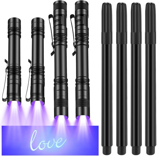 Tegeme 8 Pcs UV Pen Light Set 4 Invisible Ink Pen 4 Mini UV Flashlights Black Light Markers Disappearing Ink Pen Invisible Ink Marker for Christmas Class Prizes Spy Gift Party Favors
