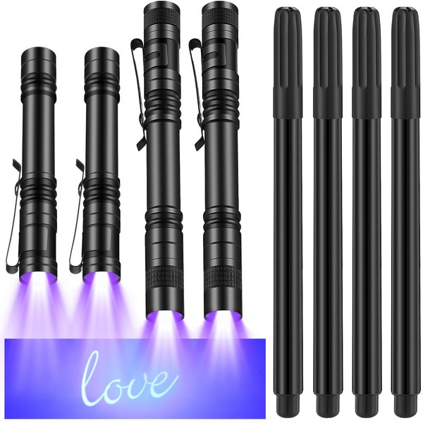 Tegeme 8 Pcs UV Pen Light Set 4 Invisible Ink Pen 4 Mini UV Flashlights Black Light Markers Disappearing Ink Pen Invisible Ink Marker for Christmas Class Prizes Spy Gift Party Favors