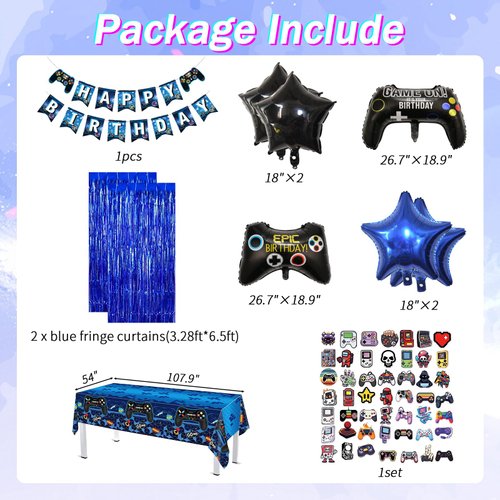 184pcs Video Game Birthday Party Decorations for Boys, Gamer Birthday Party Favors with Happy Birthday Banner, Curtains Backdrop, Tablecloth, Balloons, Foil Gaming Balloons, Stickers(Blue）