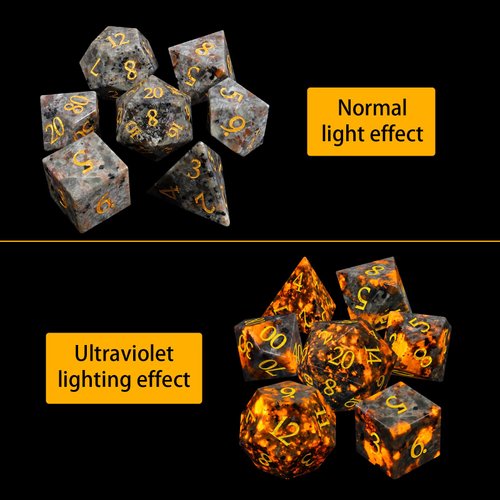 LUCKY-M Natural Flame Yooperlite Gemstone DND Dice, Birthday Gifts for Him, 7PCS Dungeons and Dragons Dice Set with Case for RPG, Handmade Cool Dice Sets D&D
