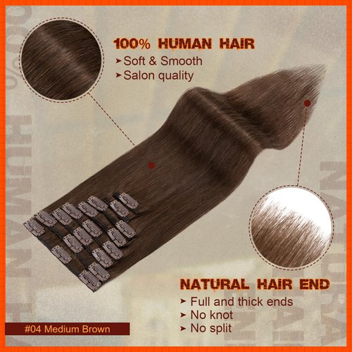 Clip in Hair Extensions Real Human Hair Medium Brown Hair Extensions Clip in Human Hair Long Straight Remy Natural Full Head 8pcs Real Hair Extensions for Women 24inch #4 Medium Brown