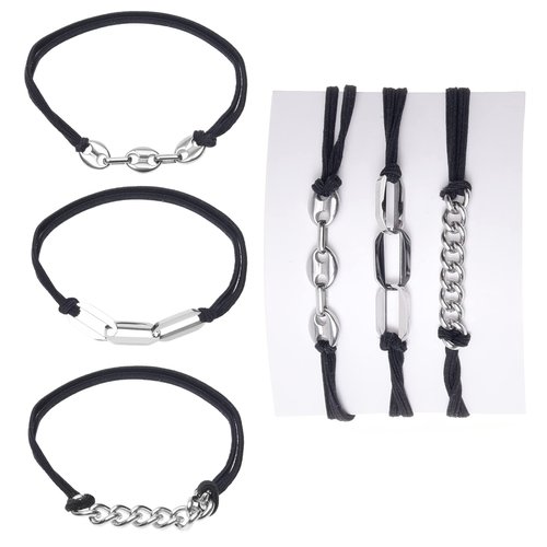 Eco-Fused 3x Bracelet Hair Ties - Elastic Decorative Jewelry Ponytails - Fashionable Wear on Wrist Ties - For Men, Women, Girls, Teens (Black with Silver Metal Chain)