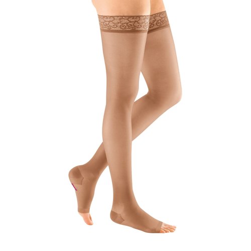 mediven sheer & soft for Women, 15-20 mmHg Thigh High w/Lace Silicone Top Band Open Toe Compression Stockings, Natural, I-Standard