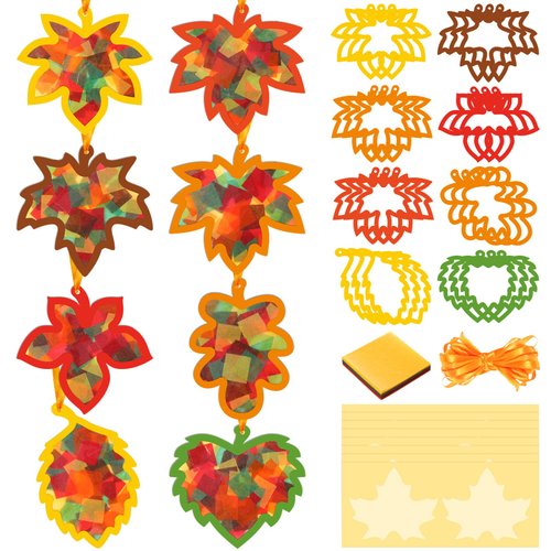 Containlol 24 Pcs Fall Leaf Suncatchers Craft Kit Autumn Maple Leaf DIY Window Paint Craft Tissue Paper Suncatchers Decoration Ornament for Kids Classroom Art Thanksgiving Party Supplies Decor
