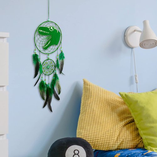 Basumee Dinosaur Dream Catcher for Kids Feather Dream Catchers Handmade Home Décor Wall Hanging with Double Ring for Nursery Bedroom Boy Birthday Gift, Green