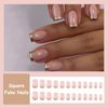 MISUD Press on Nails Short Square Fake Nails Glossy Glue on Nails Gold Chrome French Tip Acrylic Nails Squoval Artificial Nails Nude False Nails with Design 24 pcs