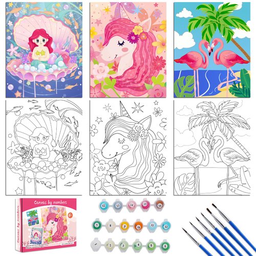 3 Pack Paint by Numbers Kit for Kids, 10*8"Color by Numbers for Kids Framed Canvas with 17 Acrylic Paint Pots and 6 Brushes, Paint by Numbers for Kids Age 8-12, Crafts Art Supplies for Kids 9-12