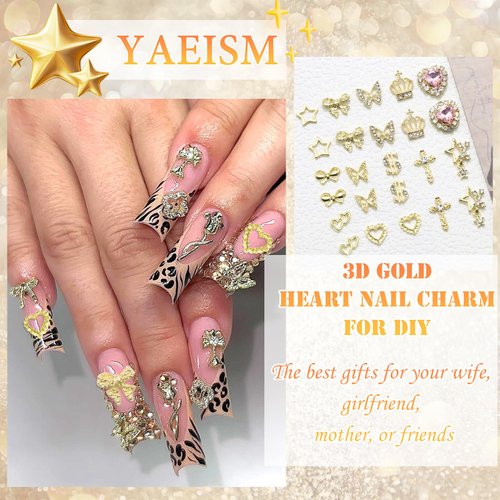 YAEISM 180PCS Gold Nail Charms Cross Crystal Star Nail Charms 3D Gold Butterfly Charms Sparkly Crown Nail Charms Shiny Dollar Sign Nail Charm Bling Cross Bowknot Starlight for Nail Art and DIY