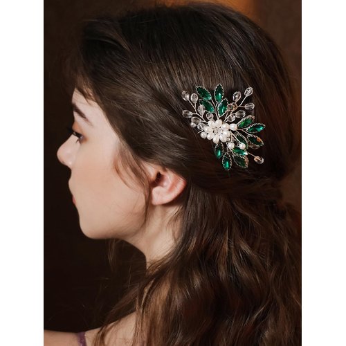 JWICOS Bride Wedding Hair Pin Green Crystal Bridal Hair Piece Wedding Hair Clip for Women and Girls