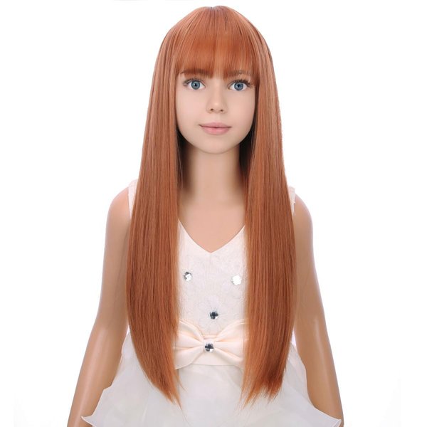 PATTNIUM Kids Auburn Wig with Bangs Child Long Straight Orange Wig Girls Ginger Long Synthetic Wig with Wig Cap