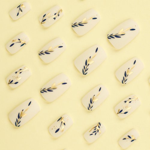 Gold Blue Leaves Press on Nails Medium Square Fake Nails Spring Summer White Matte False Nails Gold Foil Design Acrylic Nails Glossy Artificial Fingernails Spring Stick on Nails for Women 24Pcs