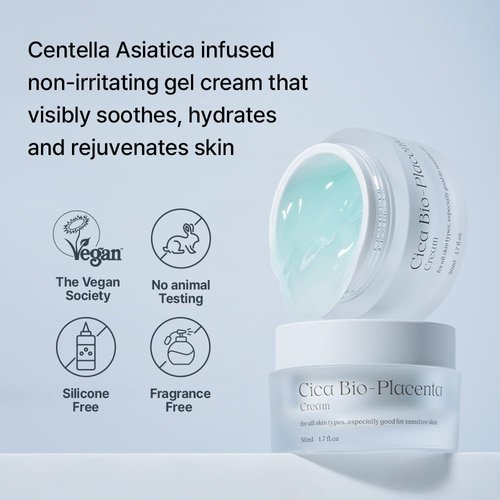 NATURAL DERMA PROJECT Cica Bio Placenta Gel Face Moisturizer Soothing Cream (50ml / 1.7 Fl oz) Centella Asiatica, Hydration, Calming, Sensitive Skin, NDP