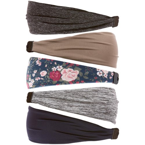 Hipsy Adjustable Cute Fashion Sports Headbands Xflex Wide Hairband for Women Girls & Teens (5pk Navy/Grey/Floral/Taupe/Charcoal Xflex)
