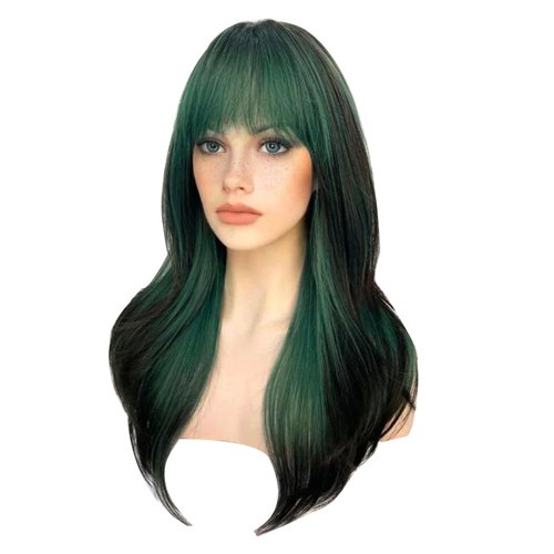 Sallcks Womens Green Wig Long Layered Green with Black Highlight Wigs with Bangs Heat Resistant Synthetic Fiber Wigs
