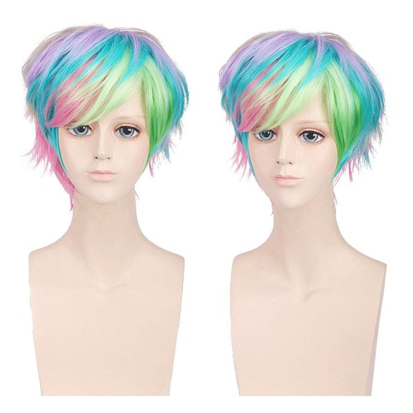 BERON Women's Rainbow Short Straight Bob Wig Rose Net with Wig Cap