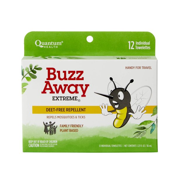 Quantum Buzz Away Extreme Towelettes - Natural DEET-free Insect Repellent Wipes, Essential Oils - Small Children and Up, Travel Friendly, 12 Count