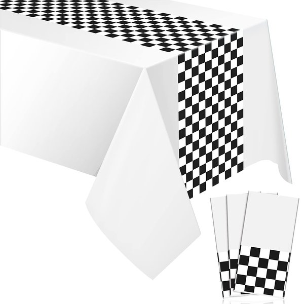 Car Birthday Party Supplies Racing Party Decorations Road Tablecloth Racetrack Table Runner Table Covers for Kids Boy Car Theme Birthday Party, 54 x 108 Inch (Black White Checkerboard,3 Sheets)