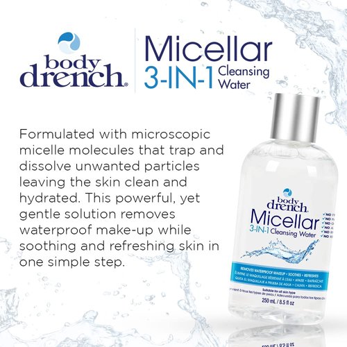 Body Drench Micellar Water 3-in-1 Cleansing Makeup Remover, Hydrating Face Cleanser, Removes Waterproof Make up, Gentle for Sensitive Skin, Face Wash, 8.5 fl oz