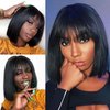 Adette Human Hair Bob Wig, Brazilian Straight Human Hair Wigs With Bangs, 150% Density None Lace Front Wigs Glueless Machine Made Wigs For black Women (10", #Natural Black)