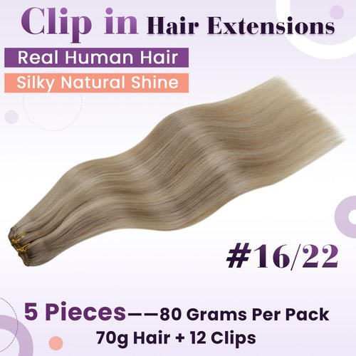 LaaVoo Blonde Clip in Hair Extensions 18 Inch Clip on Hair Extensions Human Hair Highlights Dark Ash Blonde Mix Light Blonde Real Hair Extensions Clip in Human Hair Double Weft 5pcs/80g