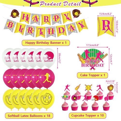 Softball Party Decorations, Softball Party Supplies Includes Softball Banners, Cake Toppers, Hanging Swirls, and Balloons for Girls Birthday