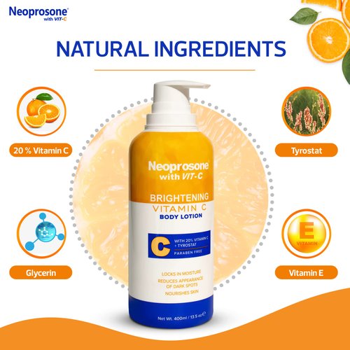 Neoprosone Brightening Body Lotion - 13.5 Fl Oz / 400ml - Formulated to Fade Dark Spots on Elbows, Knees, Neck, Body, and Intimate Parts, with Lactic Acid, Alpha Arbutin Complex, and Vitamin C
