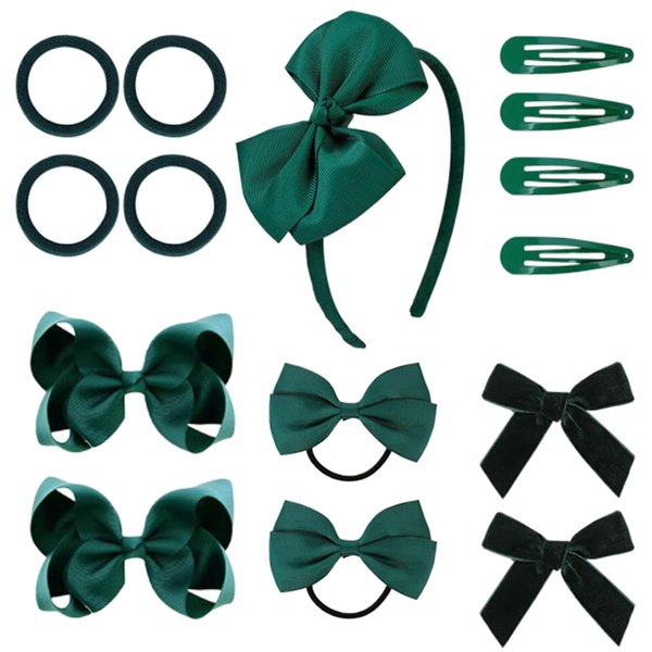 Green Hair Bow with Hair Knotted Scrunchies Headband Set, 15 Pcs Green Velvet Hair Bow, Green Bows for Girls Hair, Dark Green Uniform Hair Accessories, Green Hair Ties for Little Girls
