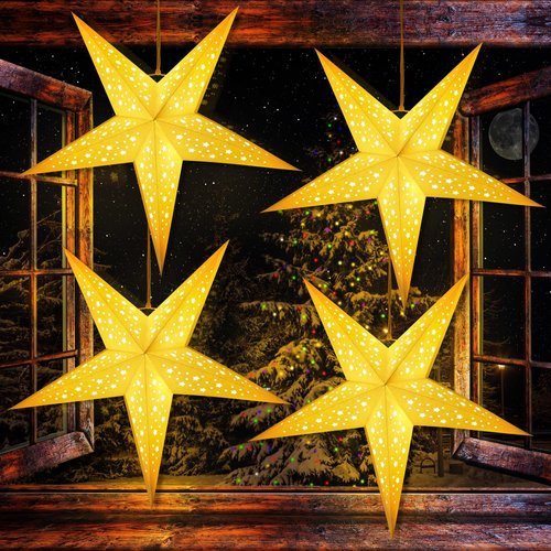 Hiboom 24 Inch 4 Pack Star Paper Lantern, 8 Mode 50 LEDs Firework Fairy String Lights, Light up Hollow Out Pentagram Star Hanging Decoration for Indoor Outdoor Room Wedding Christmas Party