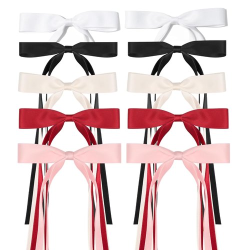 Ribbon Hair Bows Set for Women and Girls - 10PCS Hair Clips with Bowknot Tassels, Barrettes in Black, White, Wine Red, Beige, Pink