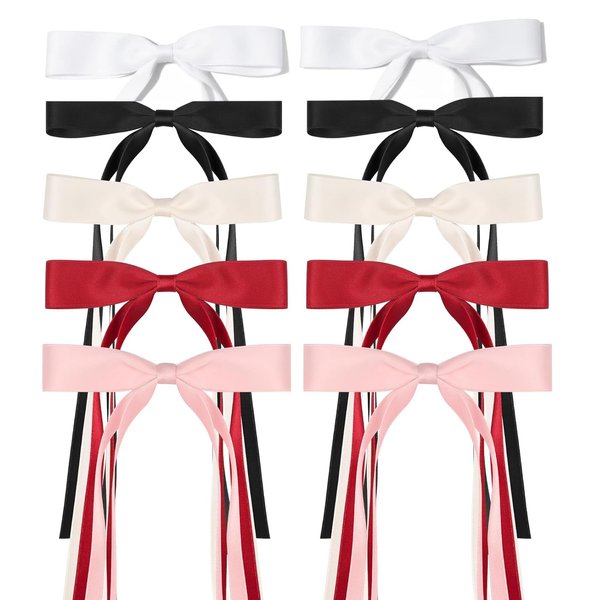 Ribbon Hair Bows Set for Women and Girls - 10PCS Hair Clips with Bowknot Tassels, Barrettes in Black, White, Wine Red, Beige, Pink