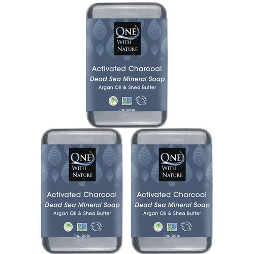 One With Nature Dead Sea Salt Activated Charcoal Soap 7oz 3Pack, Black Bar Soap Detoxifying Body Wash Soap Bar & Face Soap Vegan Men Soap with Shea Butter 100% Natural Soap for Men & Women Soap Bar