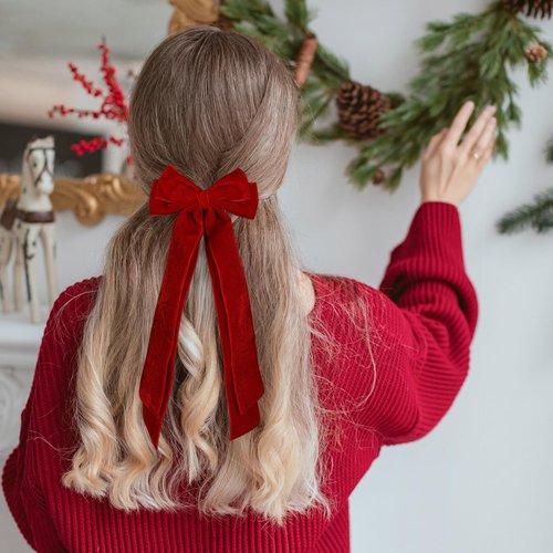 Red Velvet Hair Bow Clips with Long Tails, Vintage French Women Girls Bowknot Hair Ribbon, Boutique Fall Winter Hair Accessories