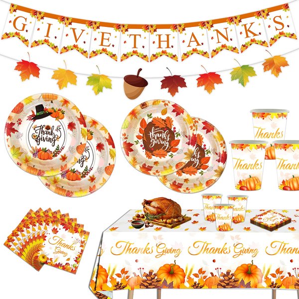 Thanksgiving Party Decorations Thanksgiving Tableware Set - Thanksgiving Plate Set Including Give Thanks Banner,Plates,Napkins,Cups,Tablecover for Fall Theme