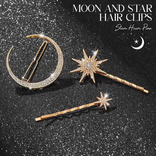 BARTOSI Moon Star Hair Clips Gold Stars Hair pins Crystal Celestial Hair Accessories for Women and Girls (Pack of 3)