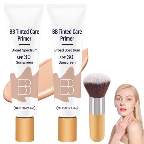 BB Blur Tinted Moisturizer SPF 30, BB Cream Tinted Moisturizer with Broad Spectrum SPF, BB Tinted Care Primer with Brush,Full Coverage Light-Medium Skin Color-Hydrates-Smooths Your Skin(Natural, 2PCS)