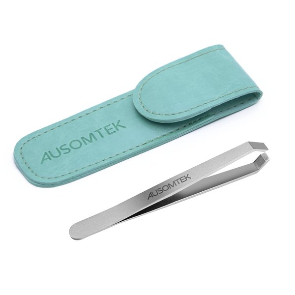 AUSOMTEK Beard Tweezers, White Hair Plucking Tweezers, Stainless Steel, Fine Hair Removal Tweezers, Eyebrows Shaping Tool, 5mm Tip, Cyan PU Case 1Pack