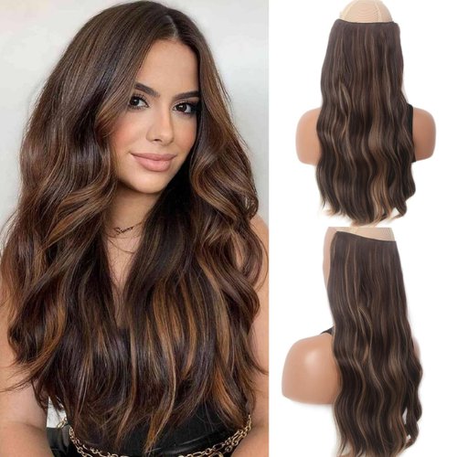 STfantasy Halo Hair Extensions Invisible Wire Hairpieces with Transparent Wire Adjustable Size Long Hair Extensions Synthetic Upgrade 4 Secure Clips in Hairpieces (20, Brown Highlight)