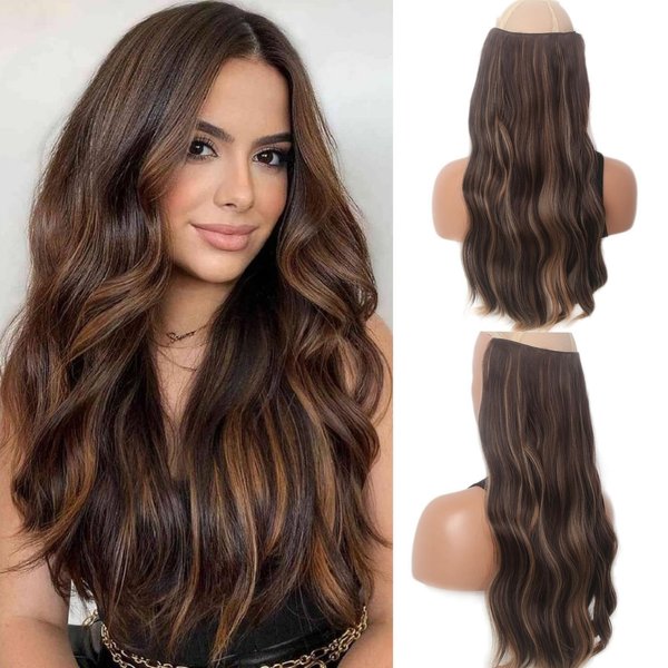 STfantasy Halo Hair Extensions Invisible Wire Hairpieces with Transparent Wire Adjustable Size Long Hair Extensions Synthetic Upgrade 4 Secure Clips in Hairpieces (20, Brown Highlight)