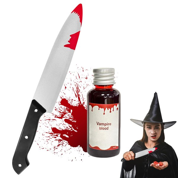 TBTFW Halloween Fake Knife, Scary Halloween Costume Accessories, Halloween Fake Blood Props, Realistic Looking Prank Toy, Used for Halloween Role-Playing(Fake Knives and Fake Blood)