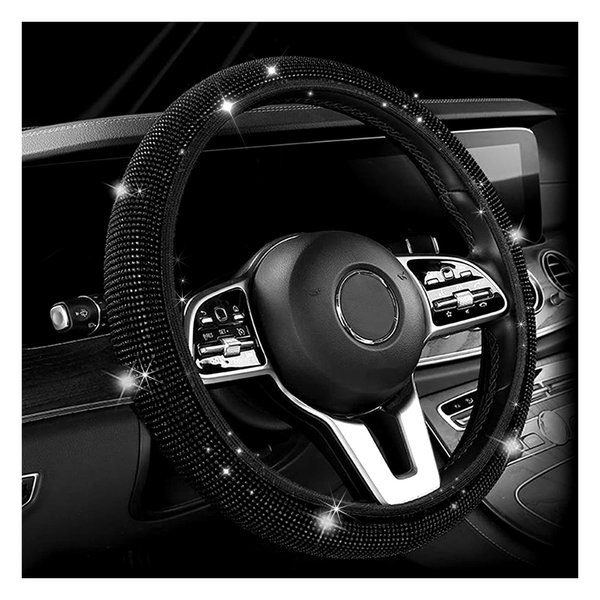 Dickno Bling Steering Wheel Cover, 15 Inch Crystal Diamond Car Steering Wheel Protector for Women Girls, Sparkling Anti-Slip Steering Wheel Decor Accessories for Most Vehicles (Black)
