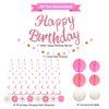 YEOCU Birthday Decorations, NO DIY, Pre-Strung Happy Birthday Banner with Honeycomb Balls, Hanging Swirls, Circle Dots Garland, Happy Birthday Party Decorations for Women Men Boys Girls (Pink)