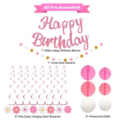 YEOCU Birthday Decorations, NO DIY, Pre-Strung Happy Birthday Banner with Honeycomb Balls, Hanging Swirls, Circle Dots Garland, Happy Birthday Party Decorations for Women Men Boys Girls (Pink)