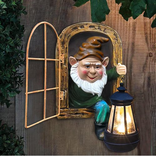 Fairy Garden Statues Gnomes Solar Lantern - Whimsical Elf Out The Door Tree Hugger Figurines Fence Wall Yard Art Home Decor Outdoor Tree Face Sculpture, Ideal Thanksgiving Decorations