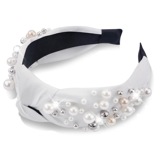 SuPoo White Knotted Headbands for Women Pearl Wide Hair Bands 2.2" Thick Head Bands for Women's Hair Non Slip Top Knot Hairbands Fashion Cloth Fabric Headbands diademas para mujer de moda