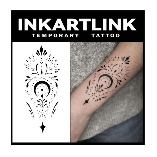 INKARTLINK Temporary Tattoos, 2 Sheets Medium Semi Permanent Tattoos Adult Art Designs Waterproof Temporary Tattoos Stickers Realistic, No Adhesive, Lasts 1-2 Weeks Black (Henna 6)
