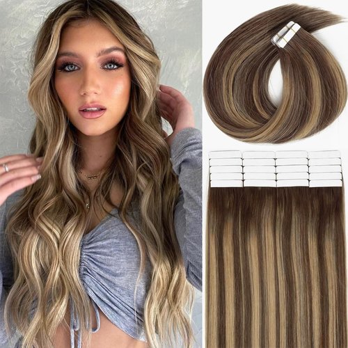 Lacerhair Rooted Human Hair Extensions Tape in Remy Natural Hair Color Dark Brown Fading to Dirty Blonde with Dark Brown Roots Real Human Hair Extensions R#5-5/12 20PCS 50G Adhesive Tape in 18 Inch