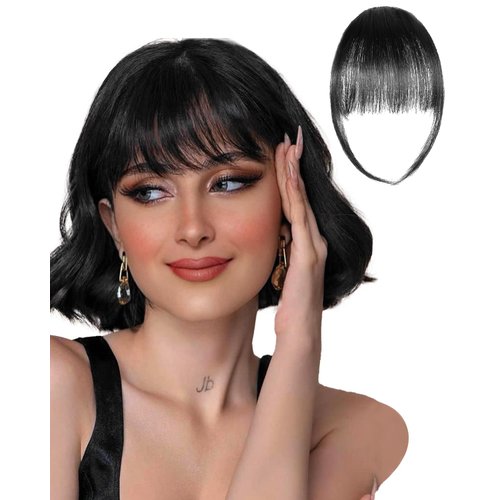 Rosooi Curtain Bangs Human Hair Clip in Bangs for Women Natural Black Color Fake Air Bangs for Da...