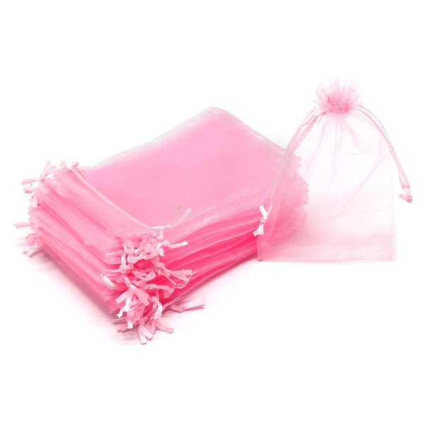 Bezall 100Pcs Organza Bags 5x7 Inch, Pink Sheer Baby Shower Party Favor Bags with Drawstring, Mesh Jewelry Gift Bags Wedding Candy Pouches