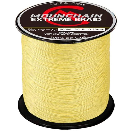 Mounchain Braided Fishing Line 500M, 4 Strands Abrasion Resistant Braided Lines Super Strong 100% PE Sensitive Fishing Line - Yellow 40LB