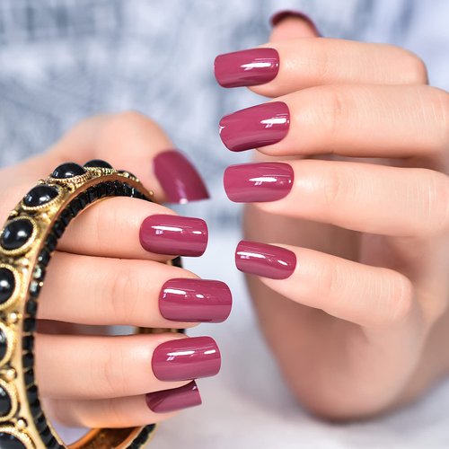 iMABC Glossy Finished Dark Rose Pink Press On Nails Medium Length Squoval Women Girls Nail Art Tips Salon DIY Manicure Reusable Fake Nails for Daily Office Home